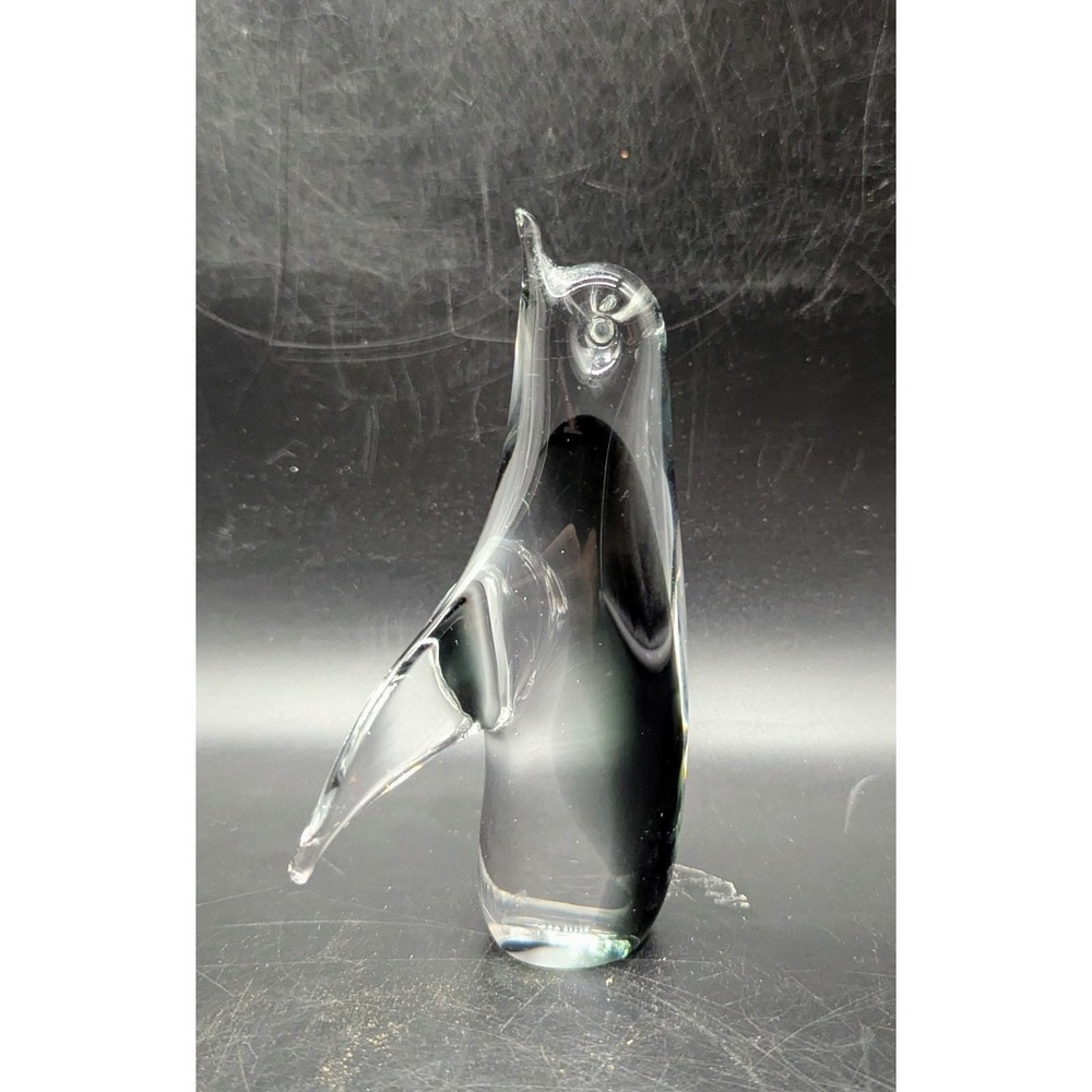 Vintage Hand Blown Art Glass Smokey Grey Penguin Bird Figurine Sculpture 6"
